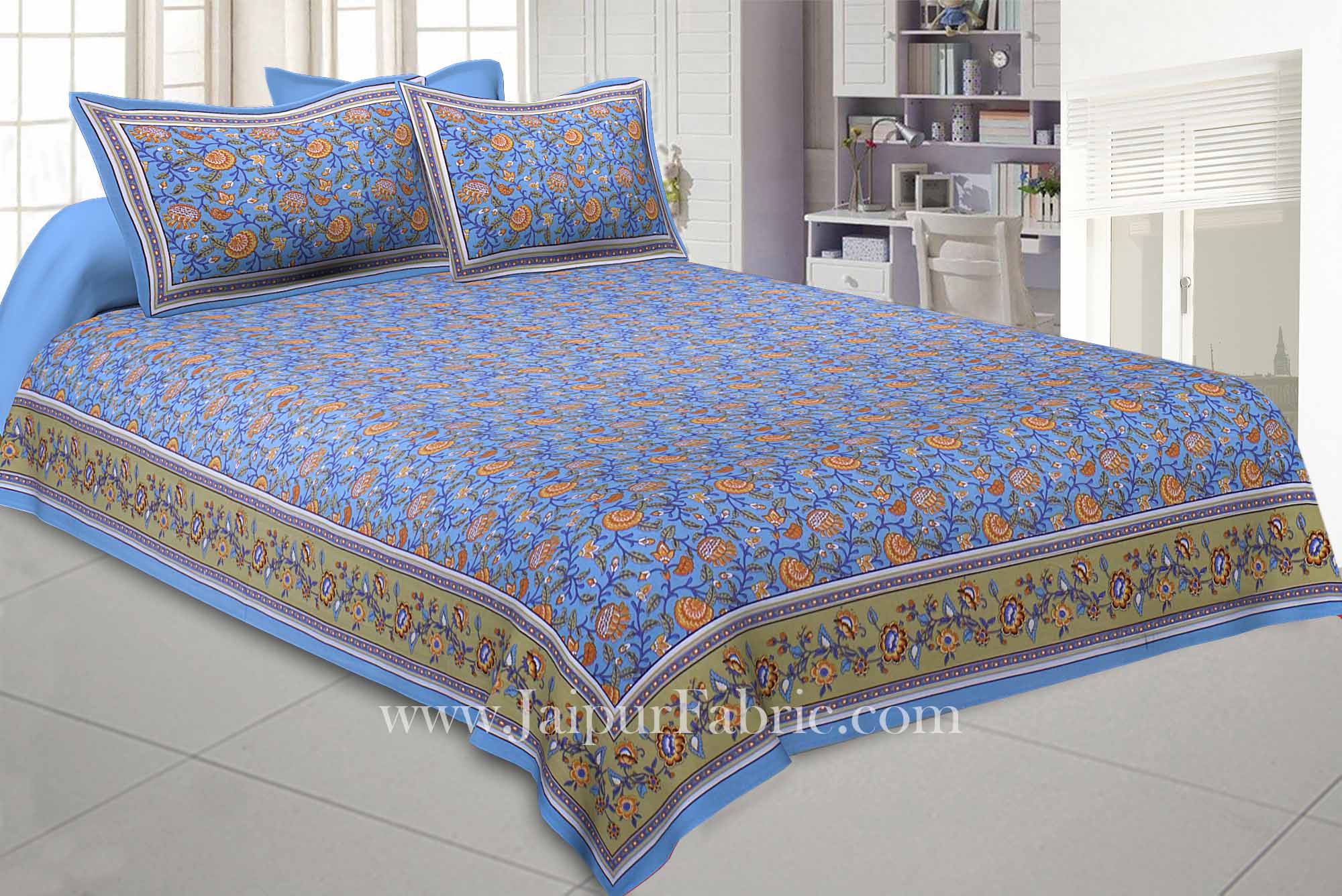 Blooming Blue Floral Double Bedsheet
