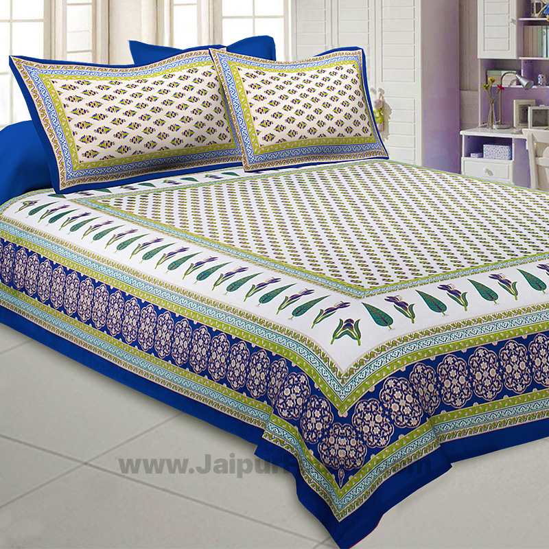 Blue Green Gold Print Double Bedsheet