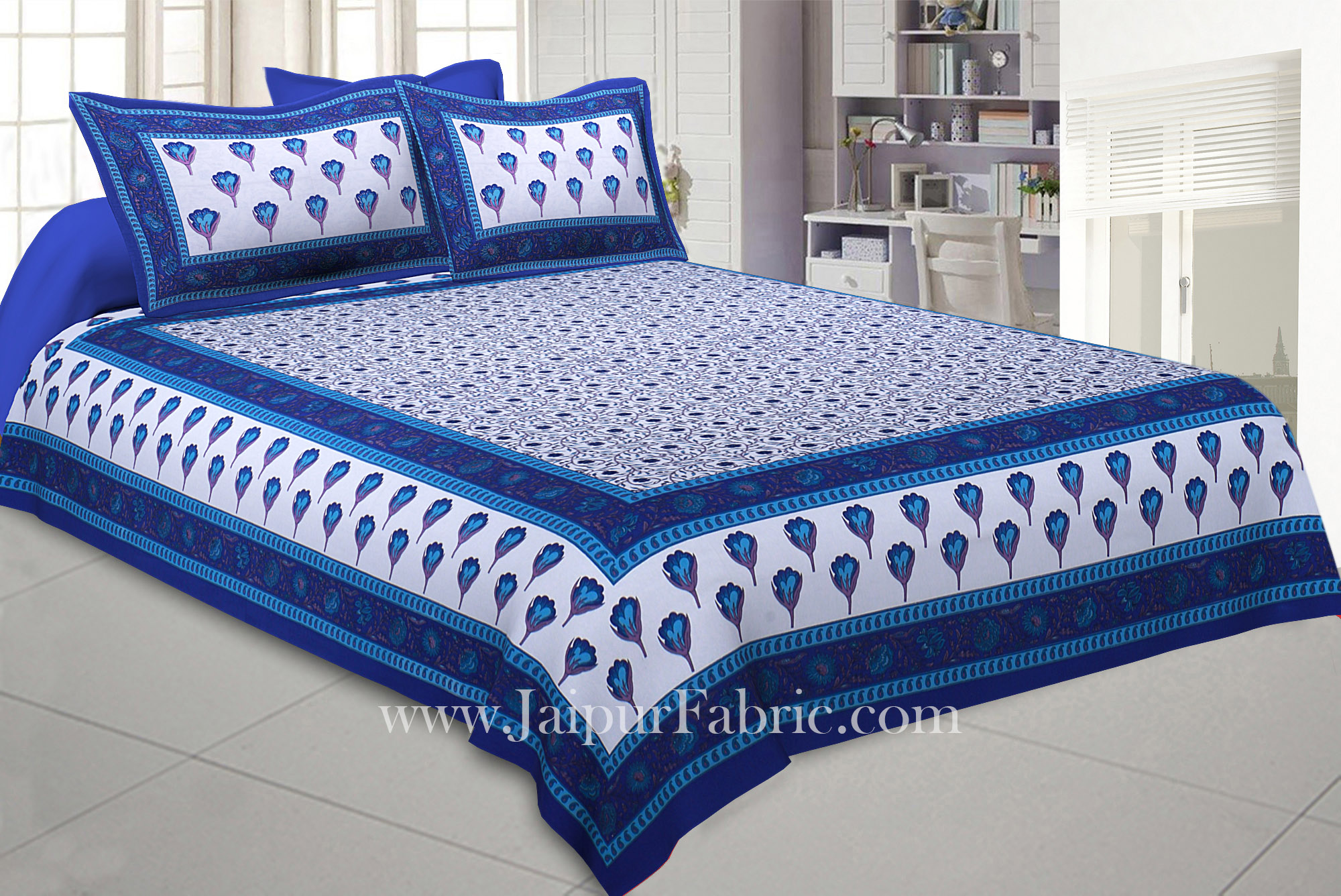 Double Bedsheet Blue Tulip With Two Pillow Cover