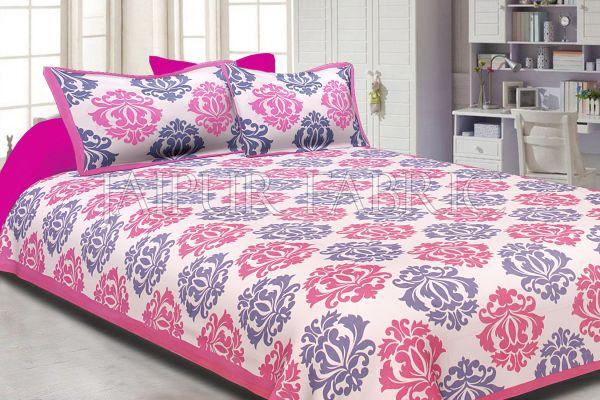 Pink Border Floral Pattern Screen Print Cotton Double Bed Sheet