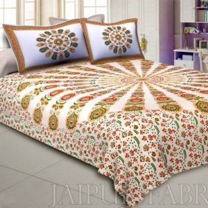 Mandala Orange Green Khari Gold Print Double Bedsheet with 2 Pillow Covers