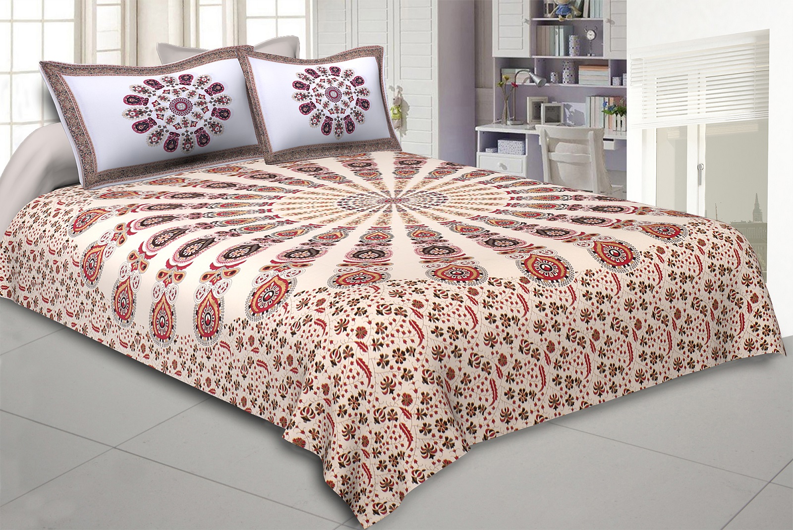Mandala Maroon Grey Khari Gold Print Double Bedsheet with 2 Pillow Covers