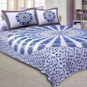 Mandala Blue White Khari Gold Print Double Bedsheet with 2 Pillow Covers