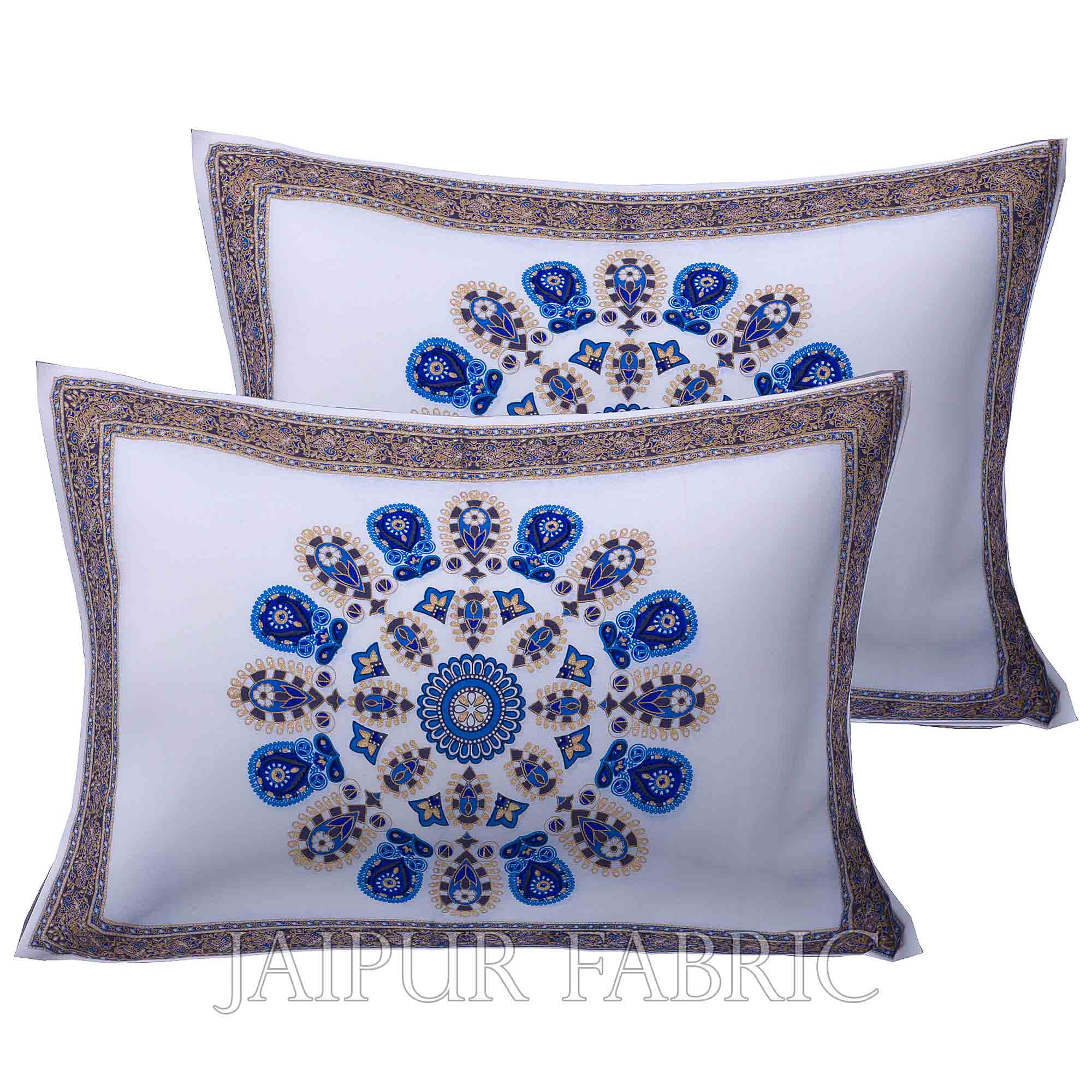 Mandala Blue White Khari Gold Print Double Bedsheet with 2 Pillow Covers