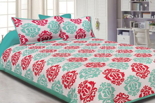 Sea Green Border Floral Pattern Screen Print Cotton Double Bed Sheet