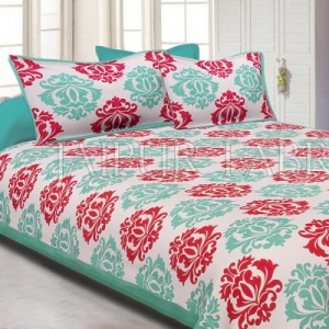 Sea Green Border Floral Pattern Screen Print Cotton Double Bed Sheet