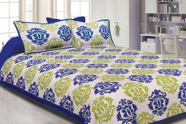 Blue Border Floral Pattern Screen Print Cotton Double Bed Sheet