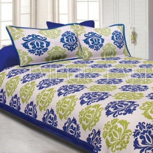 Blue Border Floral Pattern Screen Print Cotton Double Bed Sheet