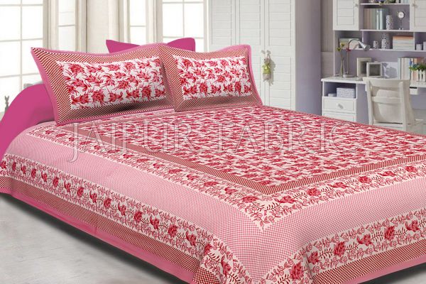 Pink Border Flower Pattern Screen Print Cotton Double Bed Sheet