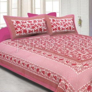 Pink Border Flower Pattern Screen Print Cotton Double Bed Sheet
