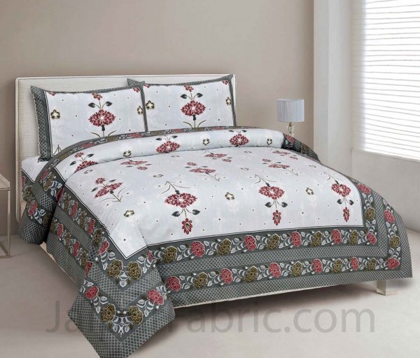 Carnations Grey Floral Pure Cotton Double Bedsheet