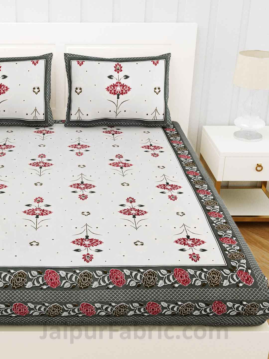 Carnations Grey Floral Pure Cotton Double Bedsheet