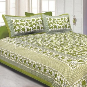 Green Border Flower Pattern Screen Print Cotton Double Bed Sheet
