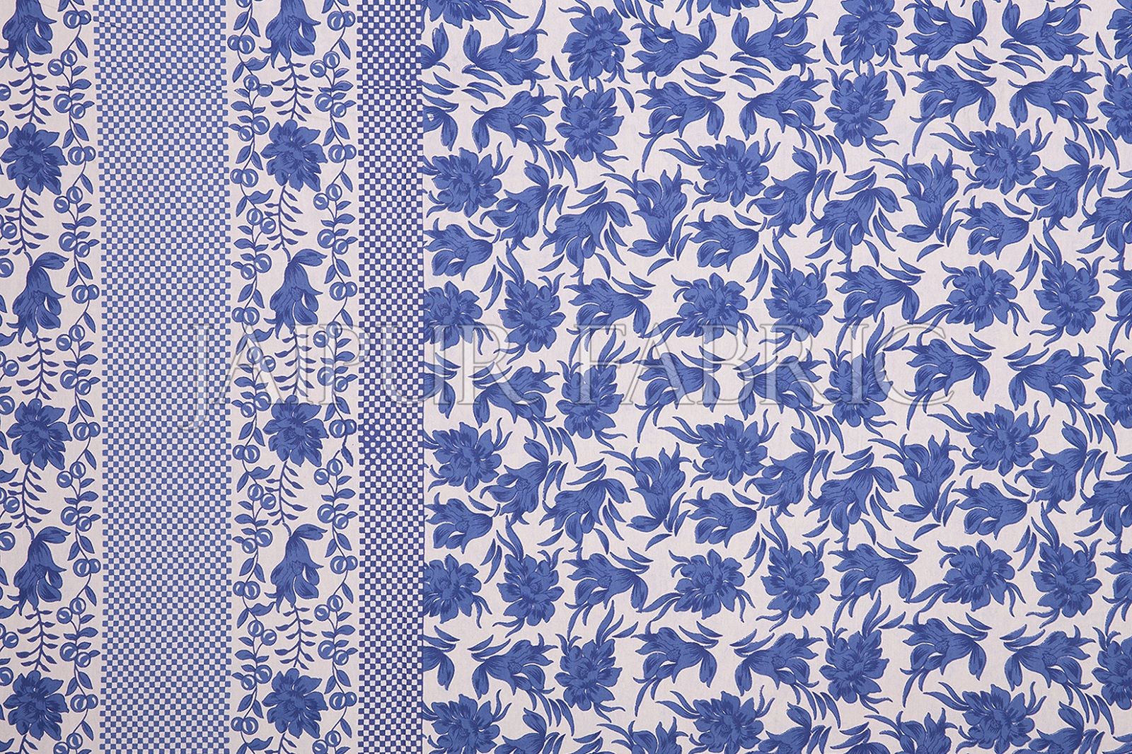 Blue Border Flower Pattern Screen Print Cotton Double Bed Sheet