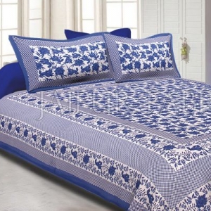Blue Border Flower Pattern Screen Print Cotton Double Bed Sheet