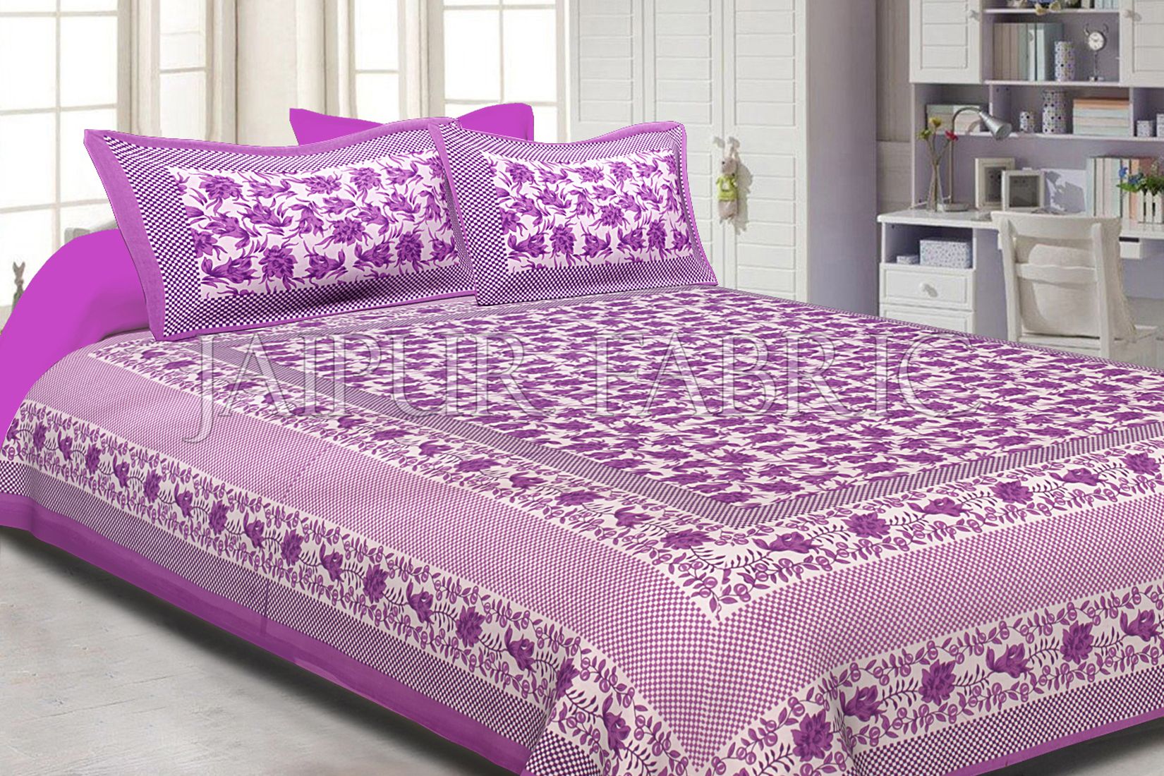 Purple Border Flower Pattern Screen Print Cotton Double Bed Sheet