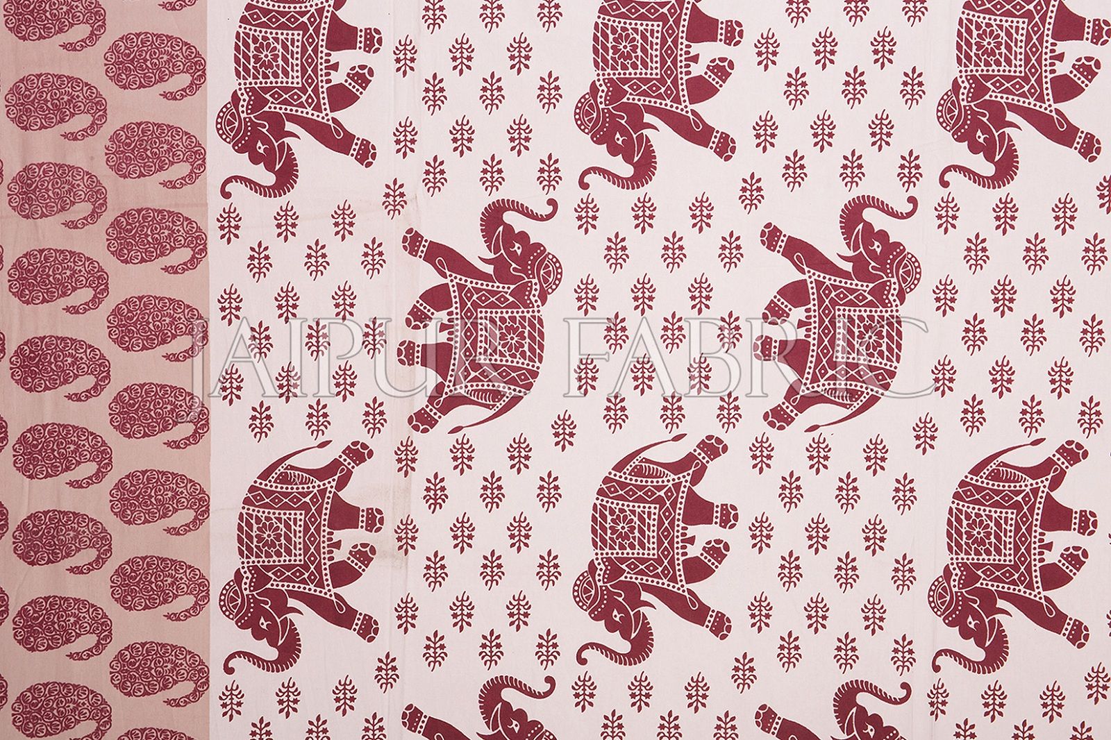 Brown Border White Base Elephant Pattern Screen Print Cotton Double Bed Sheet