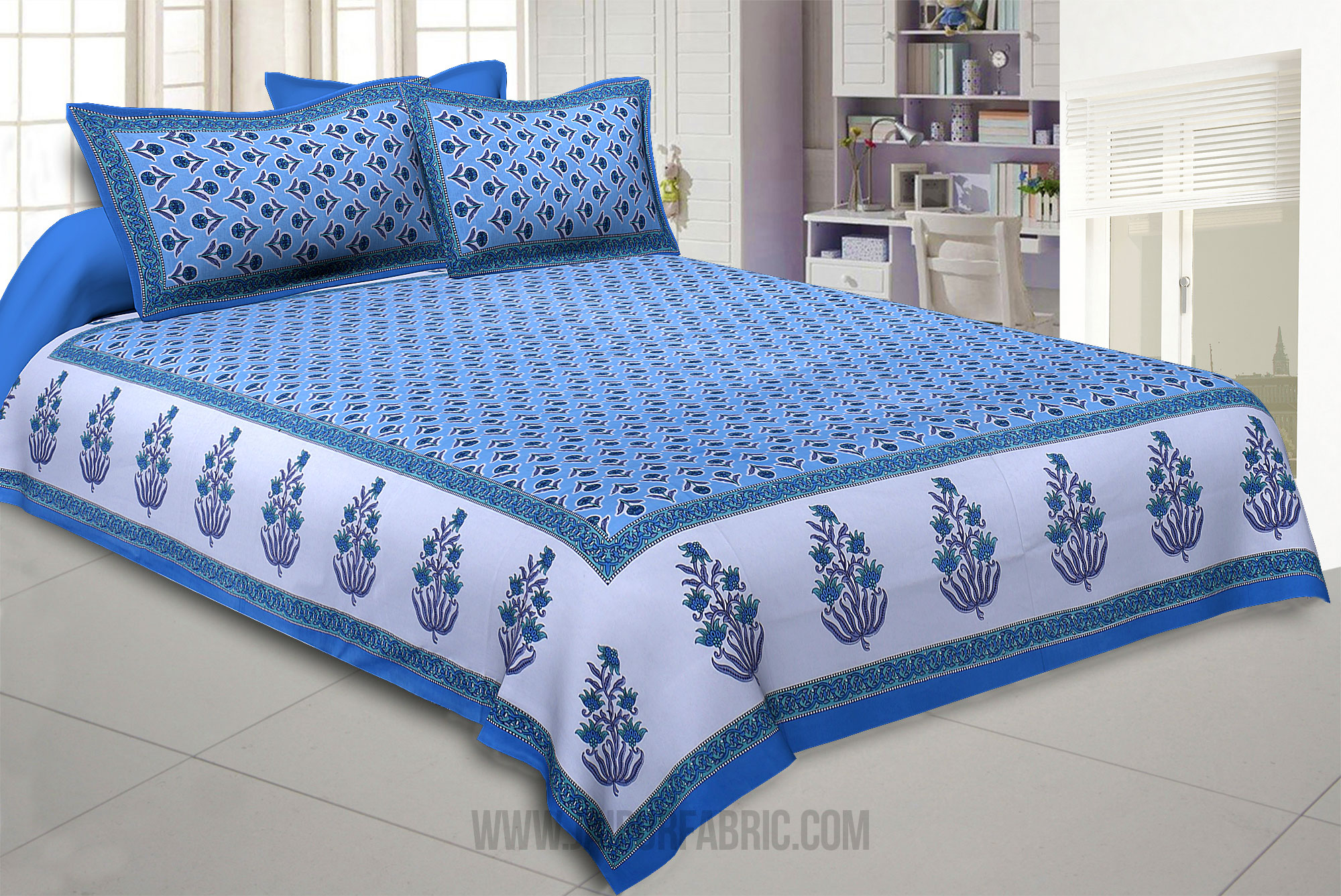 Pleasant Pedicel Blue Double Bedsheet