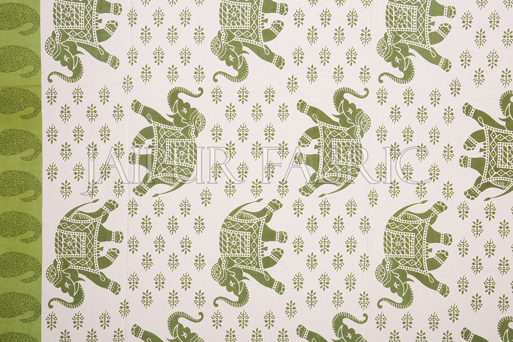 Green Border White Base Elephant Pattern Screen Print Cotton Double Bed Sheet