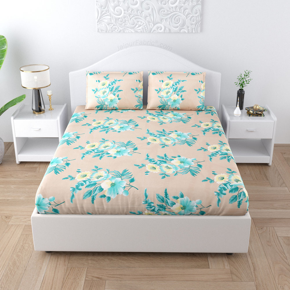 Turquoise Beige Floral Poly Cotton Double BedSheet