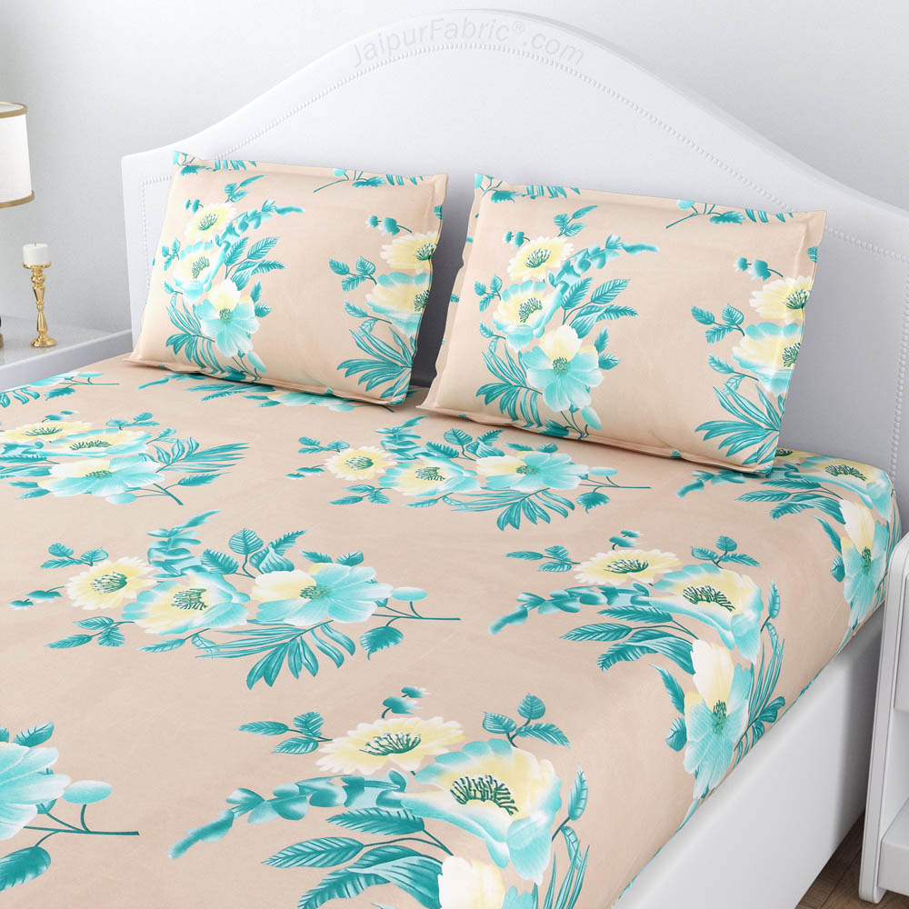 Turquoise Beige Floral Poly Cotton Double BedSheet
