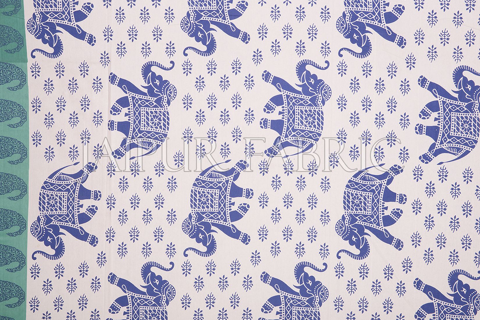 Sea Green Border White Base Elephant Pattern Screen Print Cotton Double Bed Sheet
