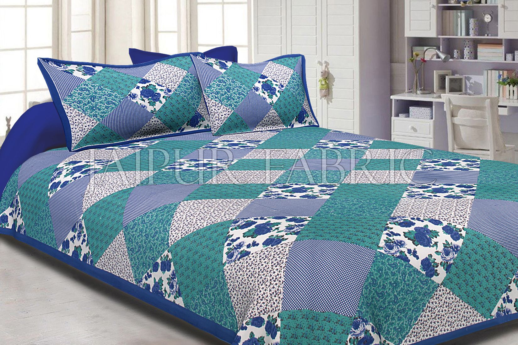 Blue Border Multicolor Base Flower Screen Print Cotton Double Bed Sheet