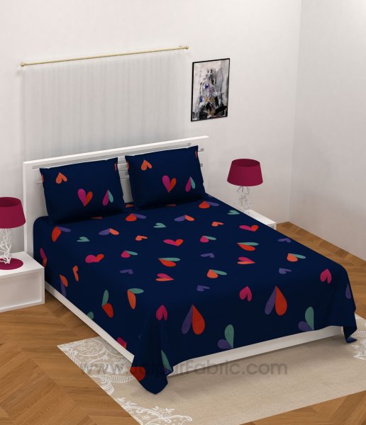 Navy Blue Shade with Multicolored Hearts Design Double Bedsheet