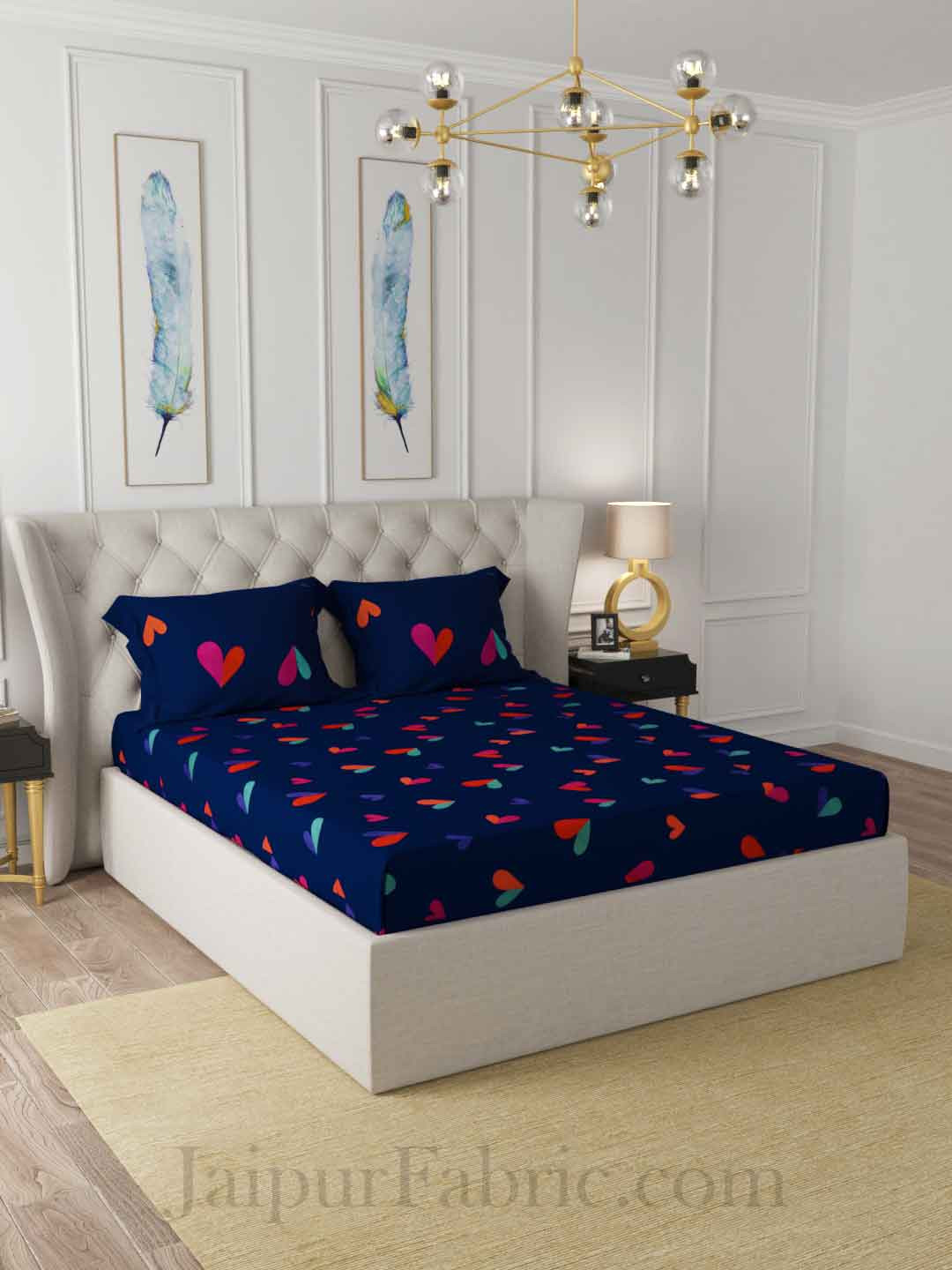 Navy Blue Shade with Multicolored Hearts Design Double Bedsheet