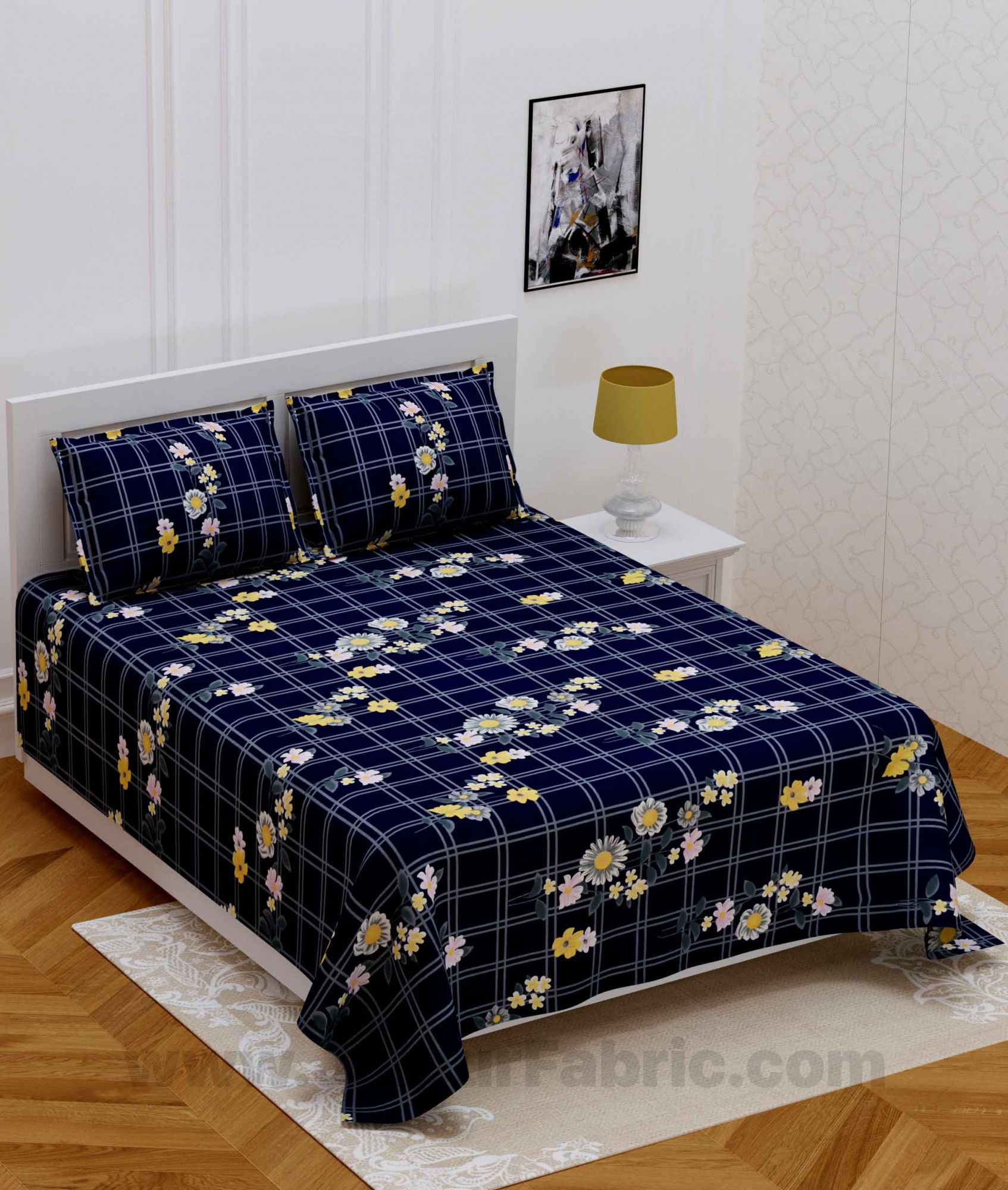 Navy Blue Sun Floral Super Soft Double Bedsheet