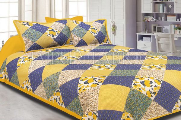 Yellow Border Multicolor Base Flower Screen Print Cotton Double Bed Sheet