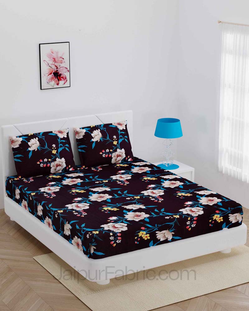 Chocolate Brown Floral Super Soft Double Bedsheet