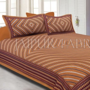 Brown Border Square and line Pattern Screen Print Cotton Double Bed Sheet