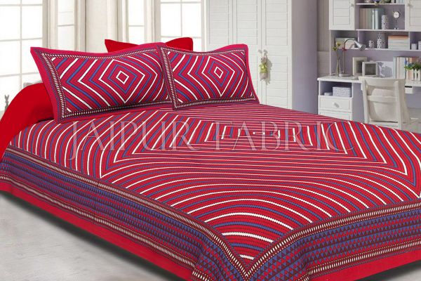 Maroon Border Square and line Pattern Screen Print Cotton Double Bed Sheet
