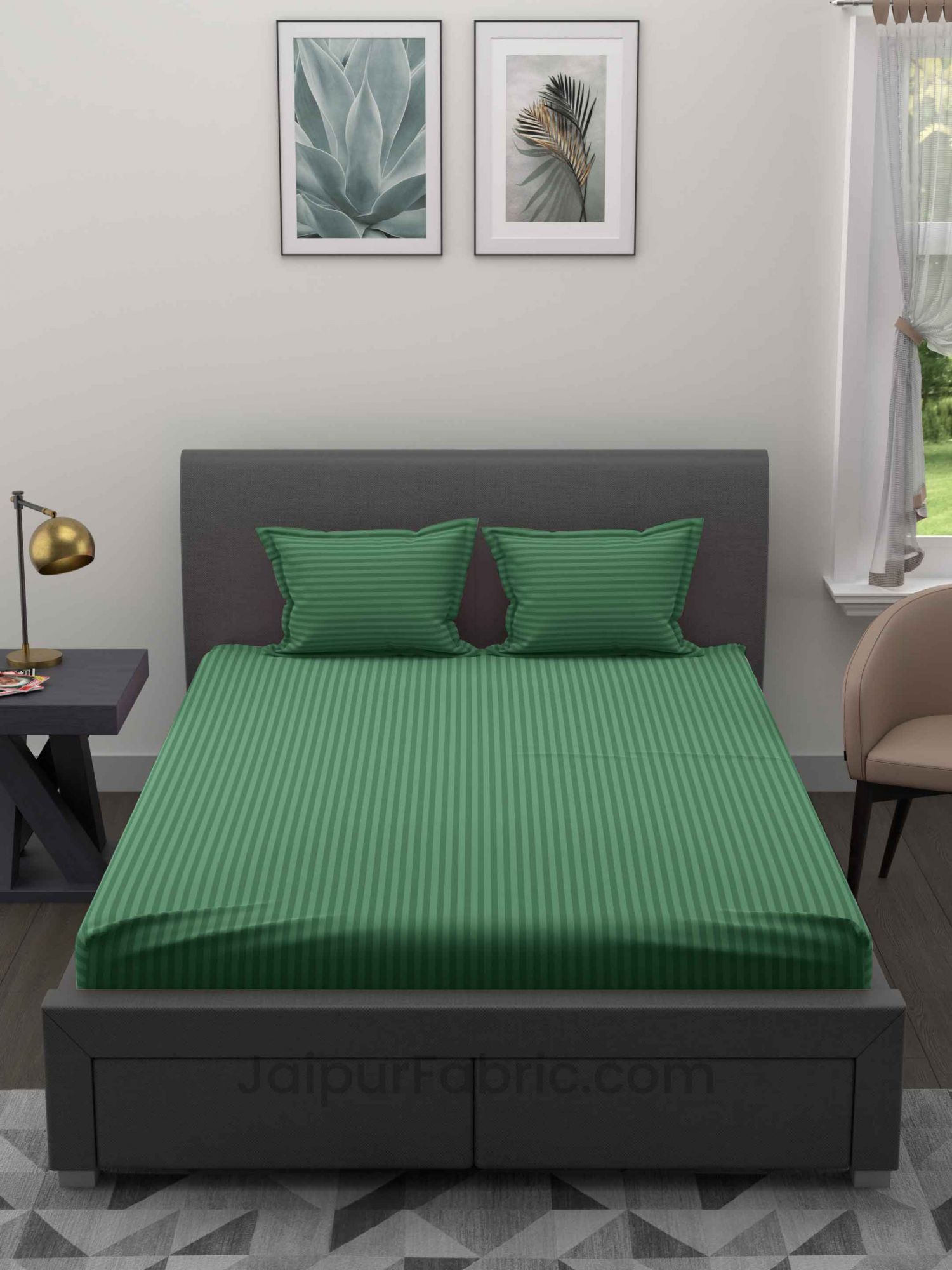 Forest Green Satin Stripes Double BedSheet