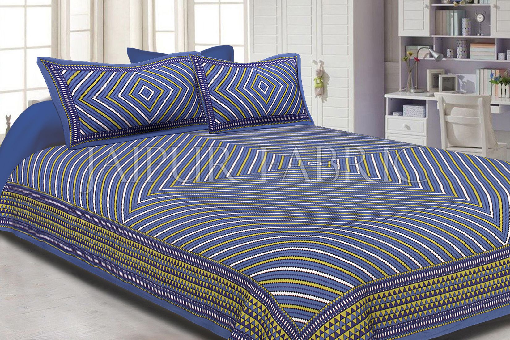 Blue Border Yellow Square and line Pattern Screen Print Cotton Double Bed Sheet