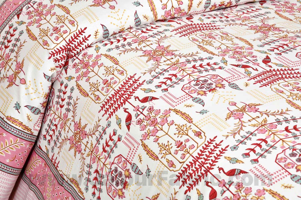 Pure Cotton Artistic Modern Pink Cream Jaipuri Double Bedsheet
