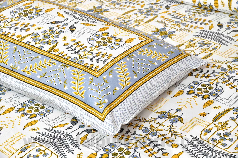 Pure Cotton Artistic Modern Green Mustard Jaipuri Double Bedsheet