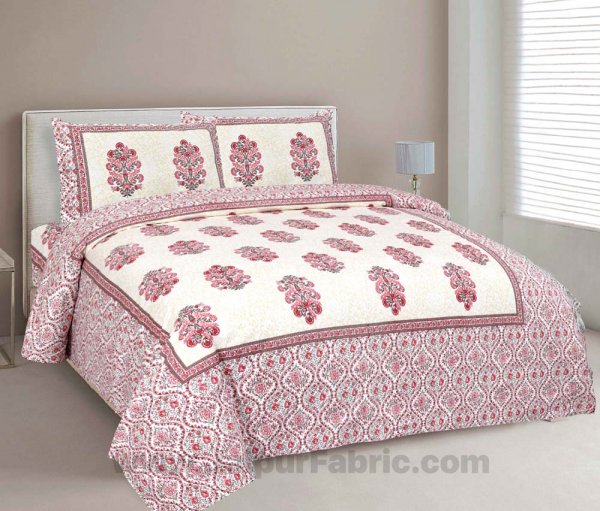 Pure Cotton Beautiful Bouquet Pink Jaipuri Double Bedsheet