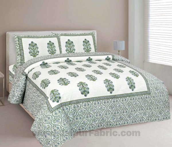 Pure Cotton Beautiful Bouquet Green Jaipuri Double Bedsheet