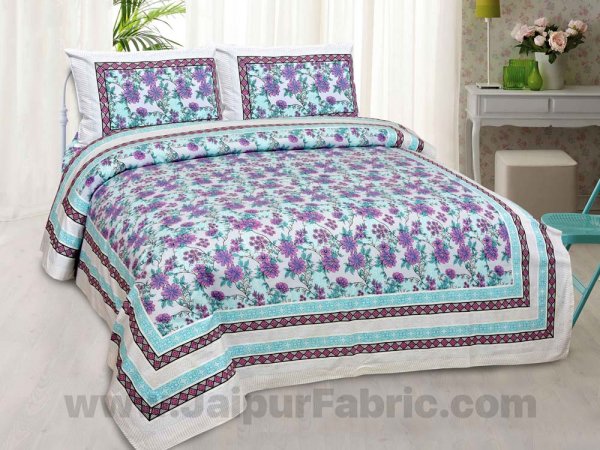 Lavender Turquoise Floral Pure Cotton Double Bedsheet