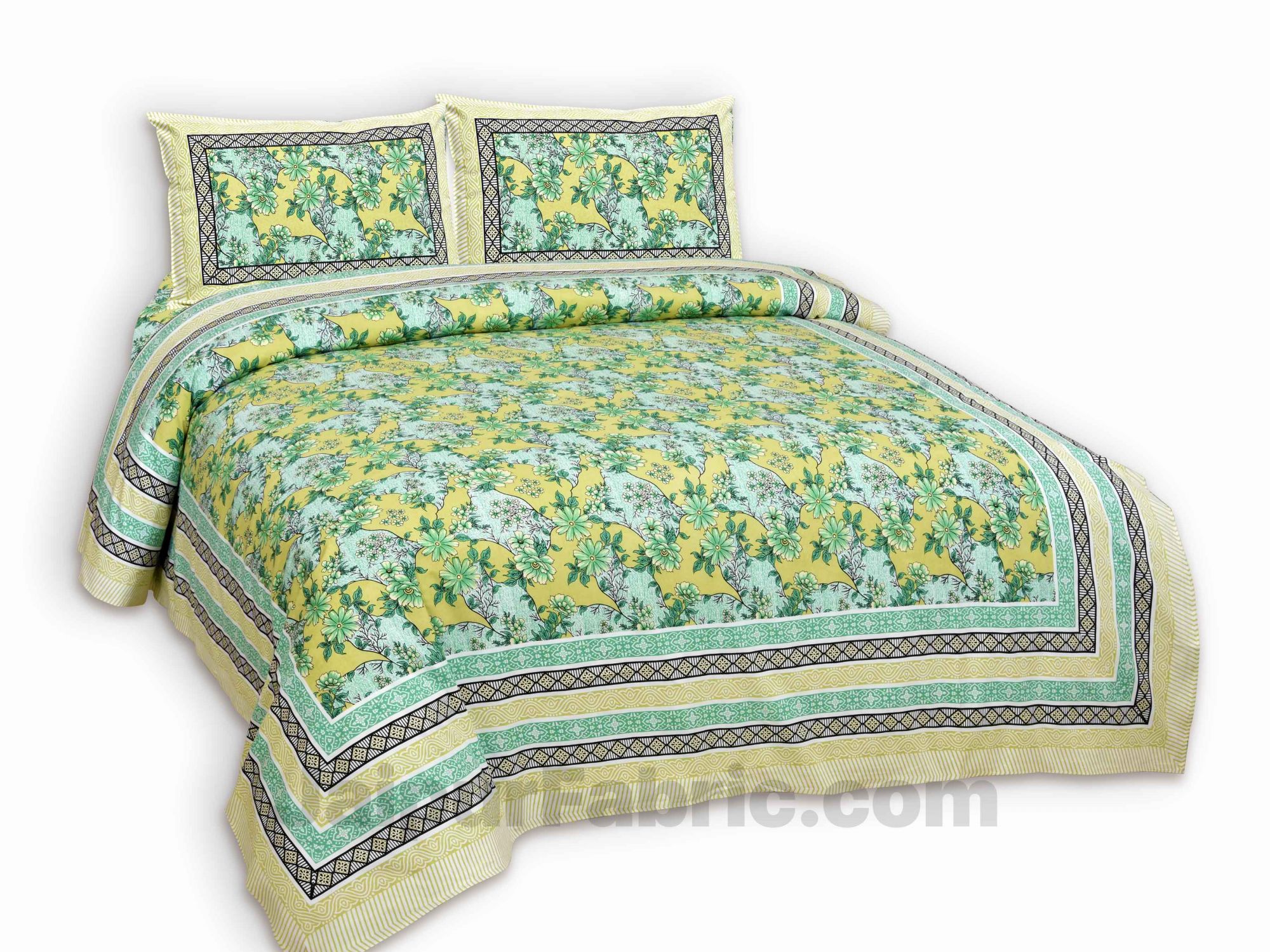 Green Lime Floral Pure Cotton Double Bedsheet