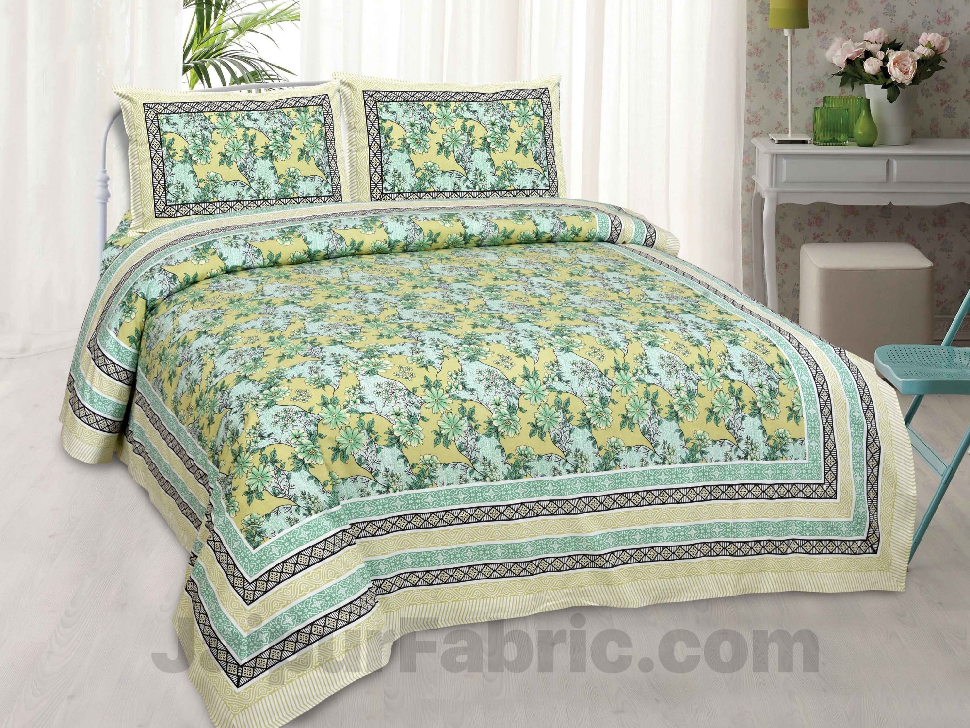 Green Lime Floral Pure Cotton Double Bedsheet