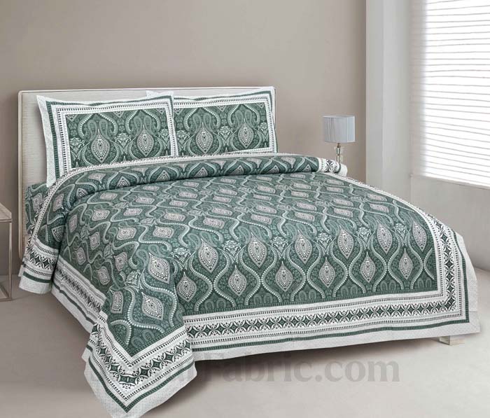 Ornate Basil Green Seamless Pure Cotton Double Bedsheet