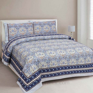 Garden Grace Blue Cotton Double Bedsheet