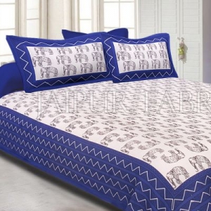 Blue Border Black Elephant Pattern Screen Print Cotton Double Bed Sheet
