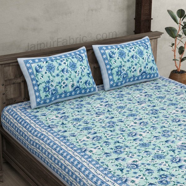 Festine Flower Blue Cotton Double Bedsheet