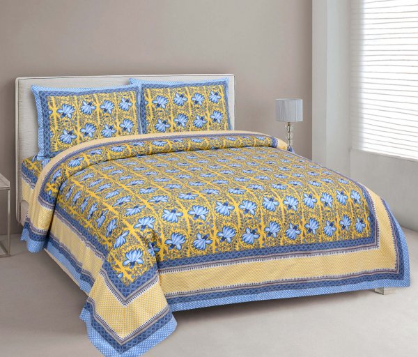 Navy Blue Lotus on Yellow Base Floral Pure Cotton Double BedSheet