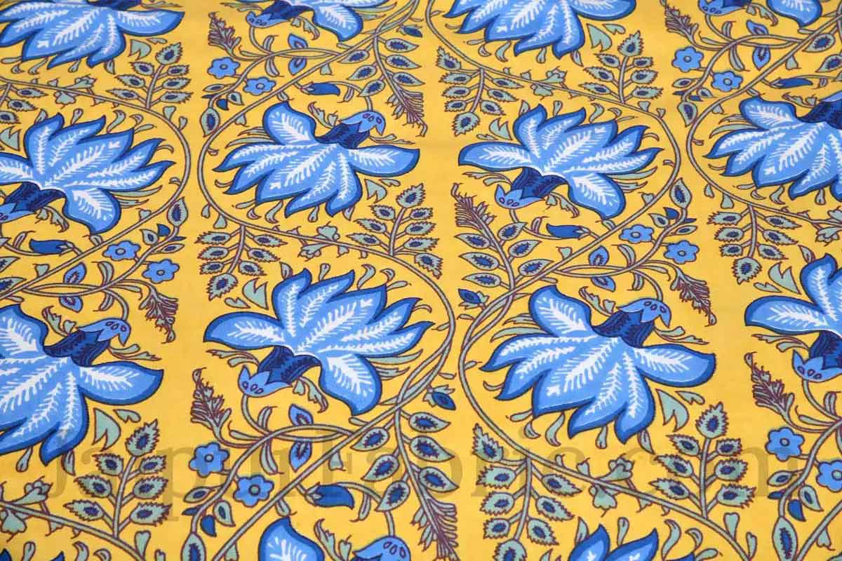 Navy Blue Lotus on Yellow Base Floral Pure Cotton Double BedSheet