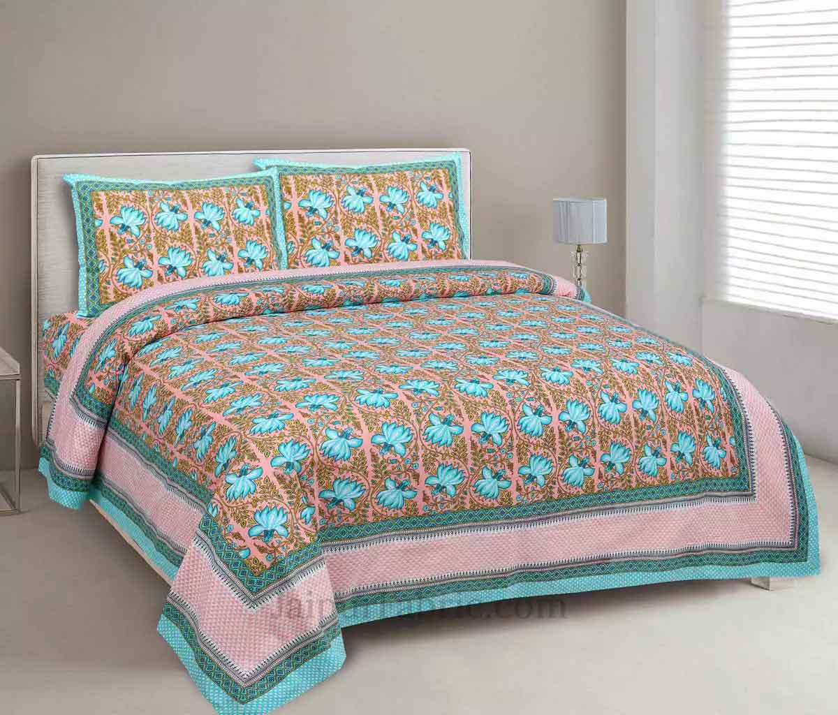 Sky Blue Lotus on Pink Base Floral Pure Cotton Double BedSheet